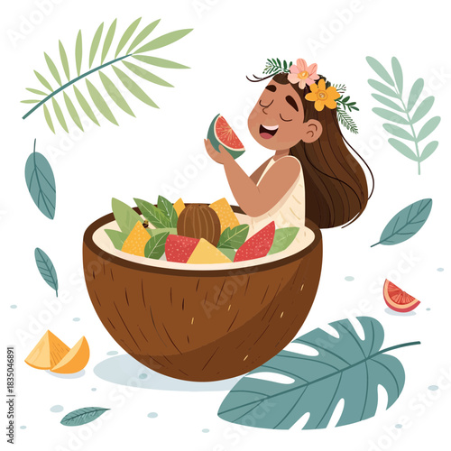 Polynesian girl eating fruit salad from coconut bowl