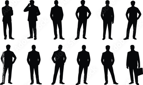 Businessman silhouette illustration set, twelve professional poses, standing, walking, phone call, briefcase, vector drawing, corporate style, presentation design