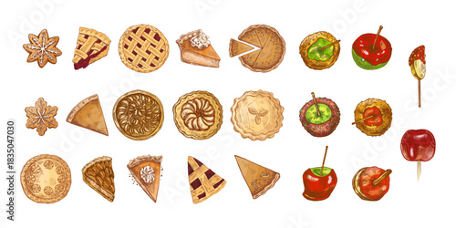 Hand drawn vintage collection of colorful festive pies, cookies and candy apples for holiday and seasonal decoration