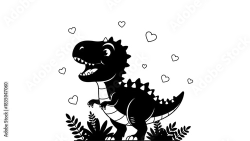 Adorable cartoon dinosaur with hearts and foliage, perfect for children's designs.