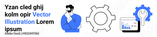 Man in thoughtful pose, gear icon, analytics dashboard with wrench. Ideal for strategy, innovation, teamwork, data analysis, technology, business solutions simple landing page