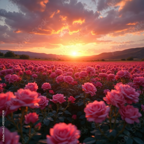 Pink rose field under dramatic sunset sky with orange clouds. Hills on horizon. Soft light illuminates blooming flowers. Gentle breeze stirs petals.