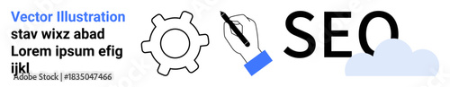 Digital marketing, SEO tools, website optimization, strategy, branding, search visibility boost. Gear and cloud with hand drawing on a clean backdrop. Focused on digital marketing and SEO tools