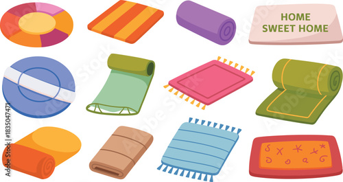 Cartoon mat and cushion illustration set, colorful household items including towels, rugs, rolled mats, pool float, vector home decor collection