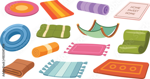 Cartoon mat and cushion illustration set, colorful home decor items including rugs, rolled mats, pillows, and hammock, vector collection