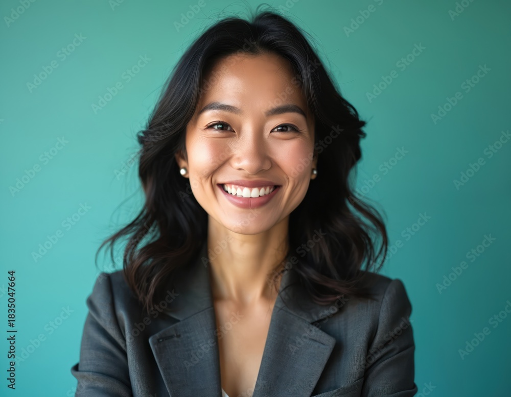 Fototapeta premium Asian businesswoman smiles in studio. Portrait of happy female wearing grey suit. Confident woman with dark hair. Positive emotion on face. Business professional in formal wear.