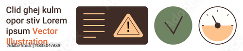 Safety protocols, quality assurance, system monitoring, process evaluation, hazard warnings, compliance. Warning sign, checkmark and speedometer icon on a white background. Safety protocols
