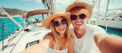Couple enjoying a boat ride on a sunny day.