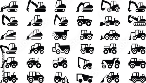 Construction vehicle icon set, black and white silhouette grid, heavy machinery vector illustrations, excavators, bulldozers, dump trucks, tractors