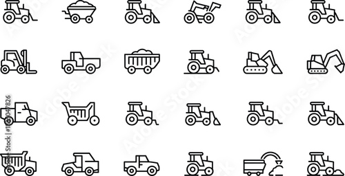 Construction vehicle icon set, 25 black and white heavy machinery silhouettes, utility equipment vector graphic, industrial design elements, minimal clipart
