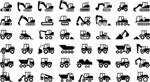 Construction vehicle icon set, black and white silhouette grid, heavy machinery vector illustrations, excavators, bulldozers, dump trucks, tractors