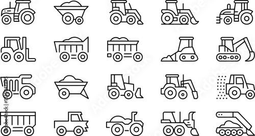 Construction vehicle icon set, heavy machinery line art, industrial equipment illustration, utility truck vector, black and white outline, editable stroke