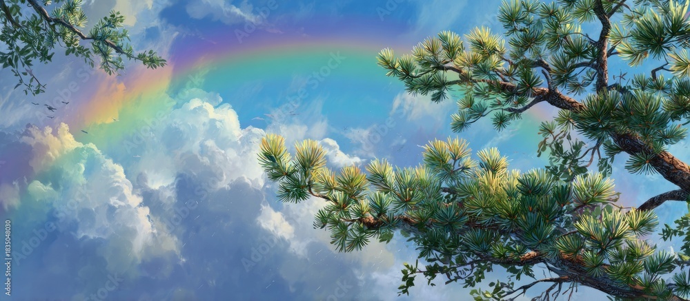 Fototapeta premium Rainbow arches over bright clouds with evergreen tree branches