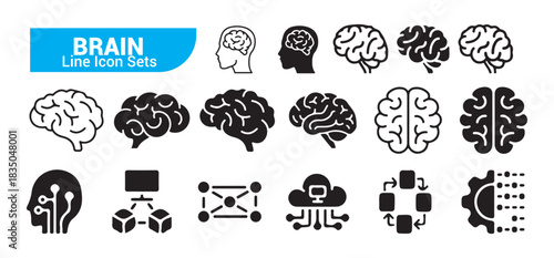 Brain line icon set human head creative thinking smart mind intelligence anatomy silhouette linear symbol