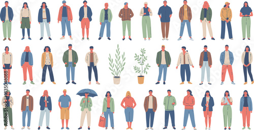 Diverse character vector set, casual fashion illustration with unique outfits, hairstyles, accessories, and plants, community and style design elements