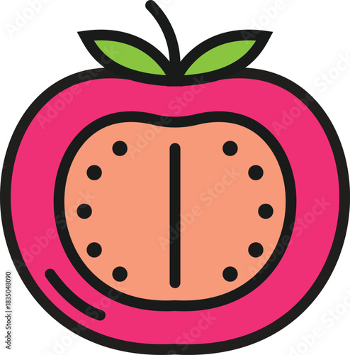 Vector icon of a stylized tomato with a clock face inside, representing time and healthy eating
