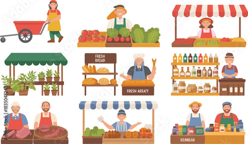 Farmers market illustration set, fresh produce stalls, bakery, dairy, meat, herbs, vendor characters, cartoon vector clipart, isolated white background