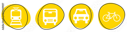 Gelbe Verkehrsmittel-Buttons: Zug, Bus, Auto und Fahrrad
