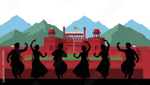 Illustration of people dancing in front of the Red Fort in India.
