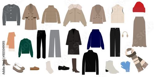 set of winter clothes and accessories. coat, glove, pants, boots, scarf, sneakers, sock, skirt and earmuffs.