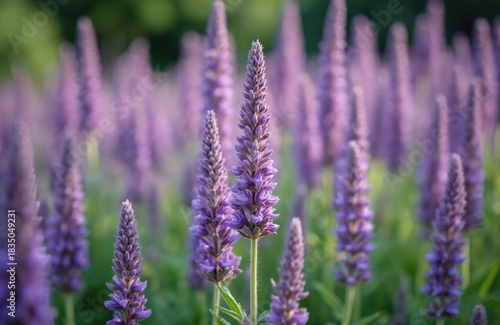 Field of purple catnip flowers in bloom. Blossoms thrive in garden setting. Plants have lilac hues. Summer season shows beautiful nature and growth.