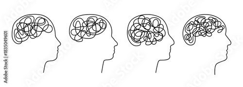 Continuous line drawing of head silhouette with chaotic scribbles inside. Psychology and psychotherapy concept showing anxiety, ADHD, and confused thoughts seeking support.