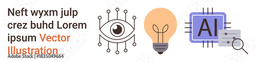 Technology, innovation, artificial intelligence, creativity, vision, and data. Eye with digital nodes, light bulb AI chip with magnifying glass. Technology and innovation