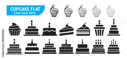 Cupcake flat line icon sets, sweet dessert with cream topping food, muffin decorated with cherry vector