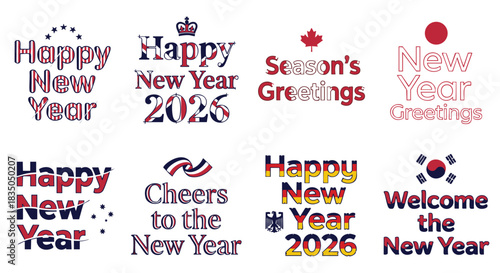Festive Happy New Year greetings with patriotic global flag designs for 2026