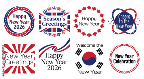 Festive New Year 2026 celebration greetings from around the world, vector designs