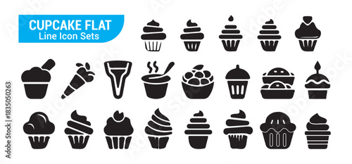 Cupcake flat line icon sets: delicious pastry desserts, bakery sweets, muffin, and various baked goods