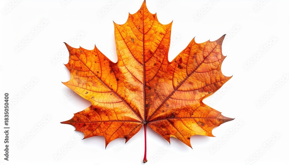 Obraz premium Autumn Maple Leaf Isolated On White Background Vibrant Orange And Yellow Colors Detailed Veins Fall Season Thanksgiving And Halloween Themes