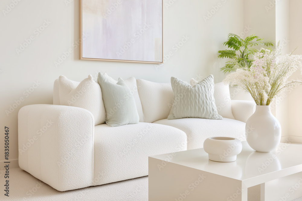 Fototapeta premium 2026 color trend. Modern white interior featuring a soft boucle modular sofa with decorative pillows, complemented by a minimalist coffee table and fresh greenery in a serene atmosphere
