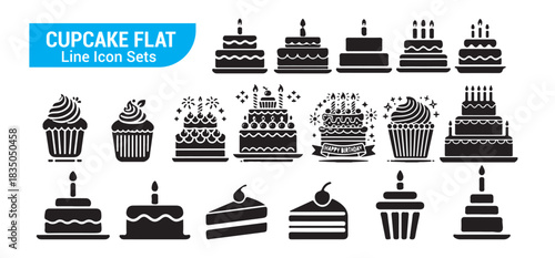 Cupcake flat line icon sets: delicious pastry desserts, bakery sweets, muffin, and birthday cake collection