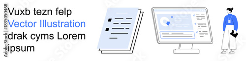 Business management, digital tools, workplace organization, data analysis, communication, professional teamwork. Paper documents, monitor with analytics and worker. Business management and digital