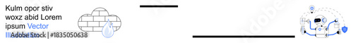 Cloud computing, data protection, cybersecurity, tech infrastructure, network illustration, online storage. A cloud secured with a digital lock next to a tech network design. Cloud computing and data