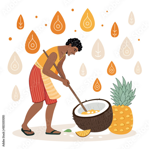 Polynesian man scooping fresh coconut juice with a ladle