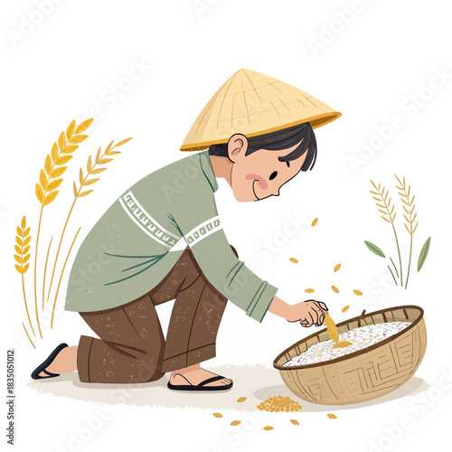 Vietnamese farmer boy inspecting rice in a basket
