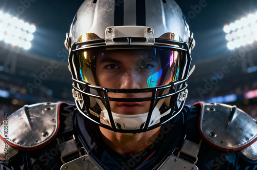 Close up front view of focused American football player wearing helmet with reflective visor and shoulder pads under bright stadium lights during night game