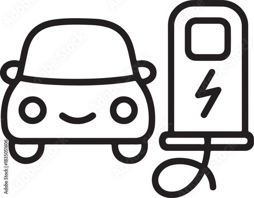 Black silhouette of an electric car charging at a charging station with a lightning bolt symbol