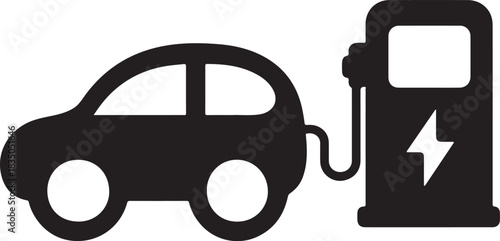 Black silhouette of an electric car charging at a charging station with a lightning bolt symbol