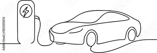 Black silhouette of an electric car charging at a charging station with a lightning bolt symbol
