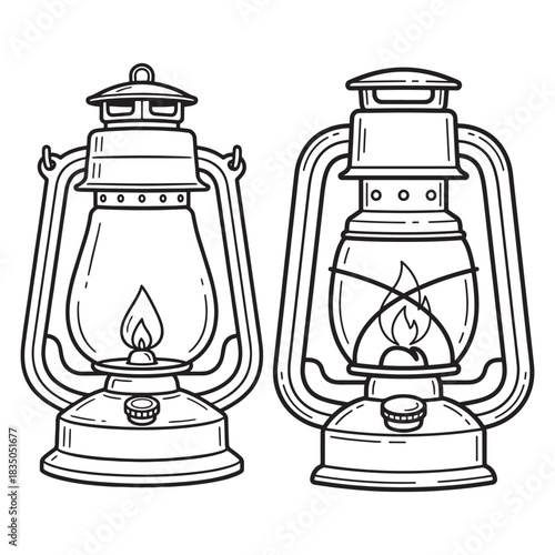Detailed black and white illustration of two vintage kerosene lanterns