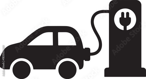 Black silhouette of an electric car charging at a charging station with a lightning bolt symbol
