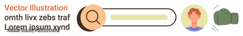 Search functionality, user profiles, online interaction, digital navigation, web usability, technology. Search bar with magnifying glass and male avatar. Search functionality and user profiles