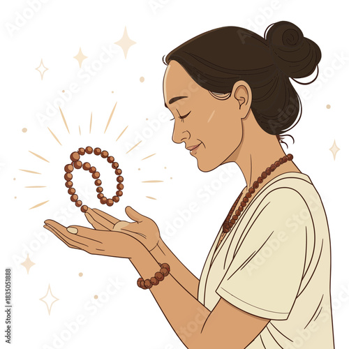 Woman admiring a glowing wooden bead bracelet