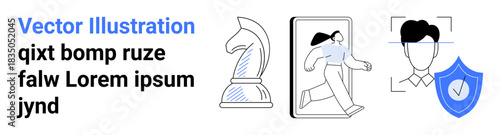 Strategy, personal security, digital identity, data privacy, technology, mobile innovation. Chess knight, human figure through a screen face recognition shield with check mark. Strategy and digital