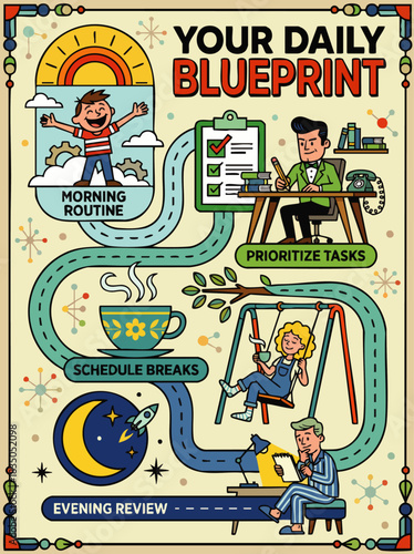 A vibrant illustration depicts a daily blueprint, showcasing morning routines, task prioritization, scheduled breaks, and evening reviews for a balanced lifestyle.