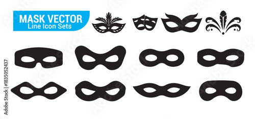 Black mask vector line icon sets. masquerade ball halloween carnival superhero mysterious face disguise costume