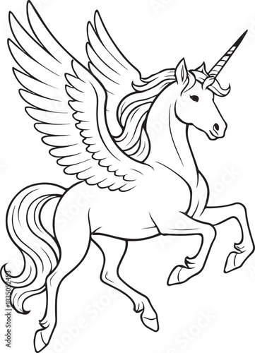 Black and white illustration of a winged unicorn with a spiraled horn and flowing mane standing on a line